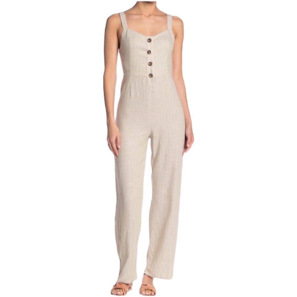 Romeo + Juliet Boho Beach Minimalist Linen Blend Stripe Tie Back Jumpsuit Sz S